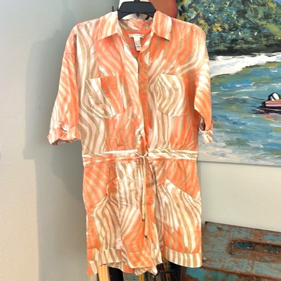 Diane von Furstenberg (DVF),Soleil Coral Wave Print,Cotton Romper,Size Large - Picture 4 of 12